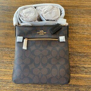NWT COACH Mini Rowan File Bag in Signature Canvas & Leather Brown Black